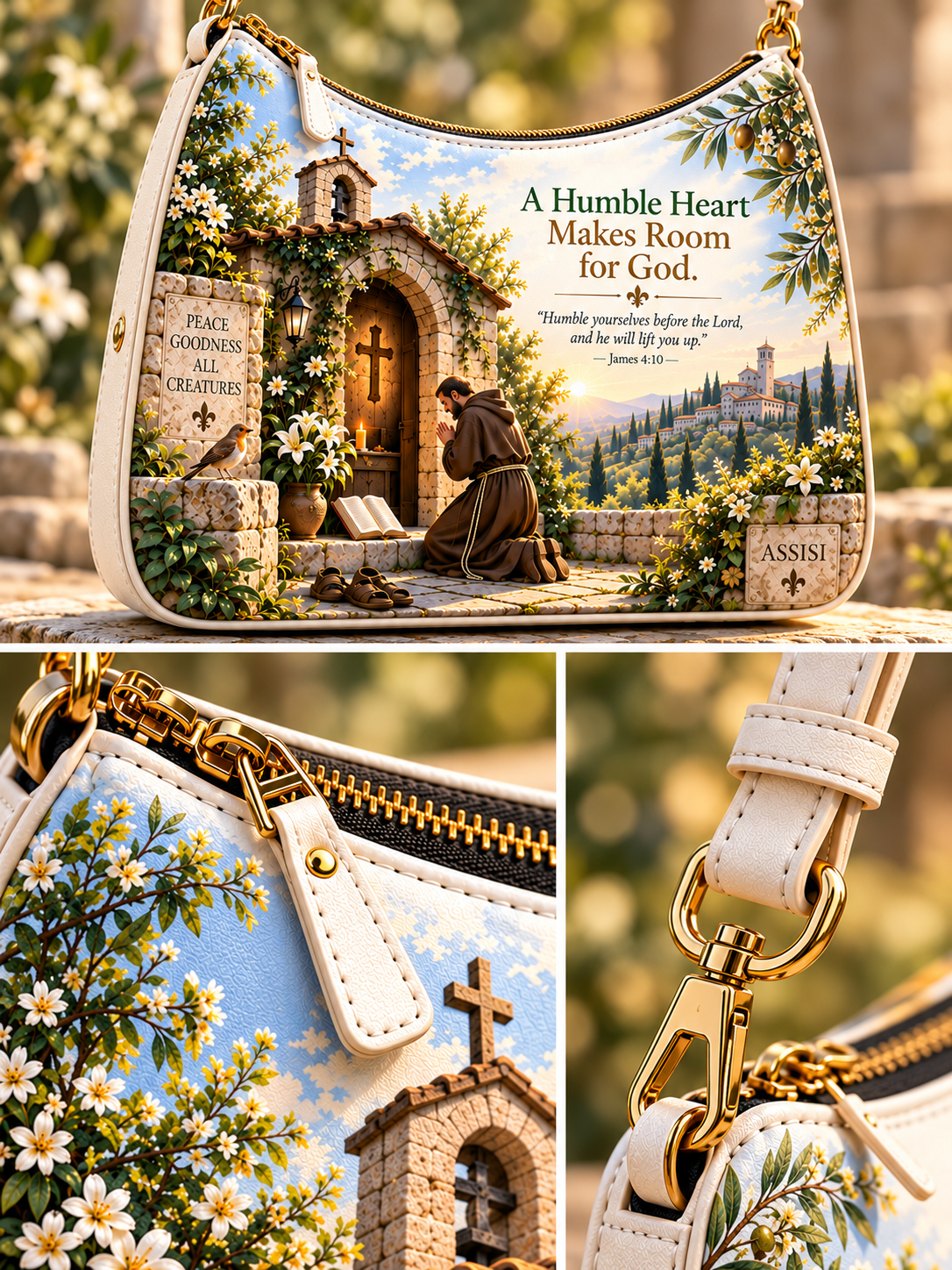 A decorative shoulder bag shown in a three-panel collage. The main panel shows the full bag with a printed scenic design featuring a stone church, a kneeling figure, flowers, and the text 'A Humble Heart Makes Room for God.