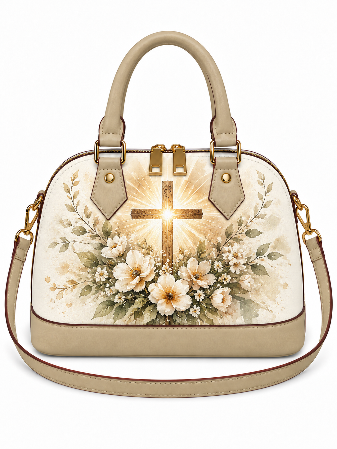 A beige handbag with a floral and cross graphic on the front, featuring dual top handles, gold-tone hardware, and a detachable shoulder strap against a white background.
