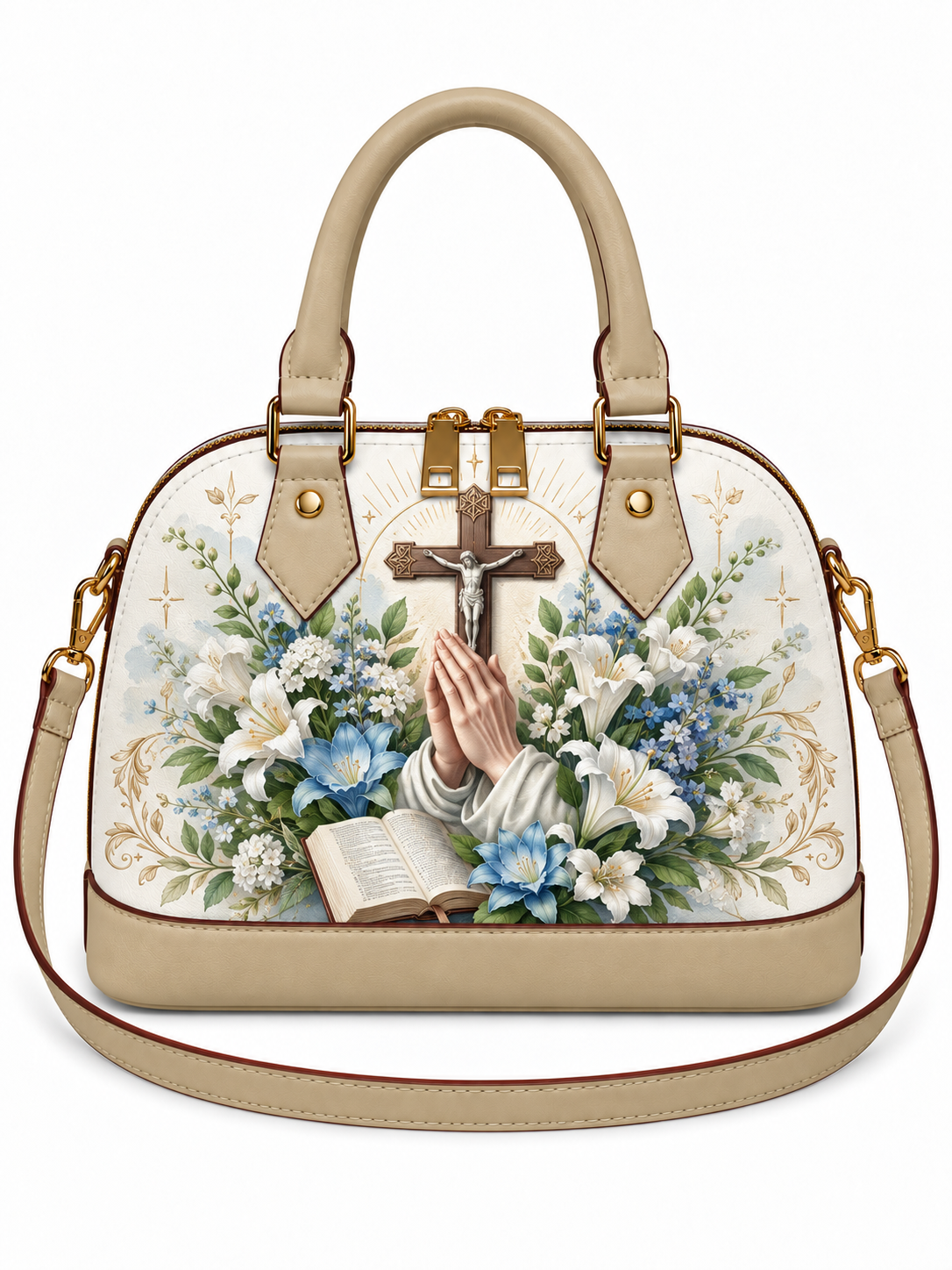 A structured beige handbag with a top handle and shoulder strap, featuring a printed front panel of a praying hand with a crucifix, surrounded by white and blue flowers, green leaves, and an open book, set against a plain white background.