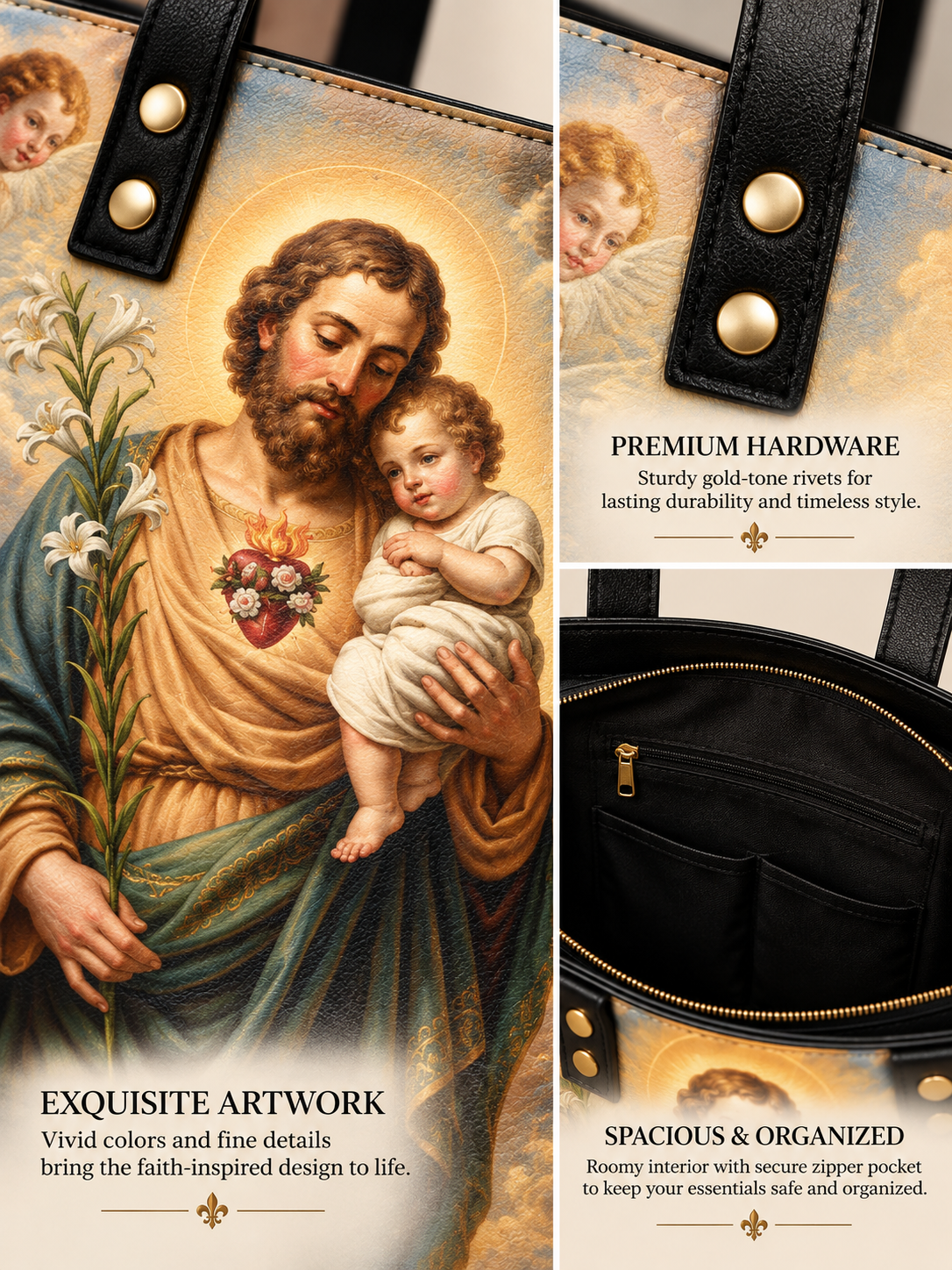Faith-inspired tote bag featuring a religious painting artwork of Jesus holding the baby Jesus, with gold-tone rivets and a black interior organizer pocket shown in detail.