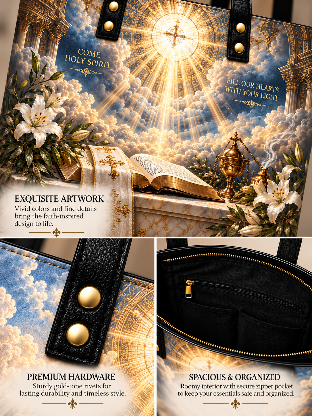 A collage showing a handbag with a dramatic religious art print featuring clouds, a glowing sunburst, an open Bible, lilies, and a chalice. Text overlays describe the exquisite artwork, premium gold-tone hardware, and spacious interior.