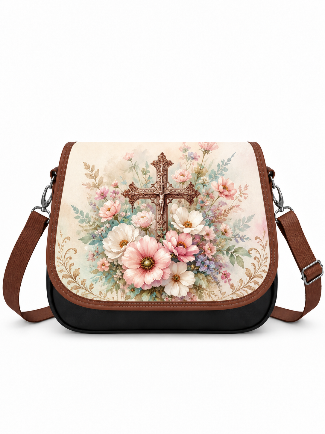 A messenger bag with a floral and cross design on the front flap, brown leather trim, and a black base, shown against a plain white background.