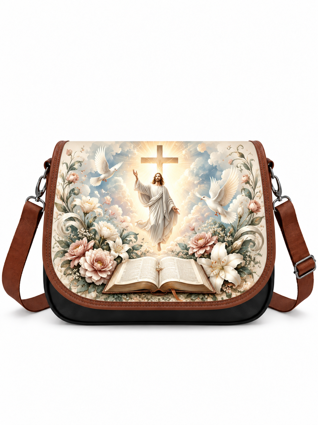 A messenger bag with a brown leather strap and black base, featuring a large front print of a religious scene with Jesus, doves, flowers, and an open book.