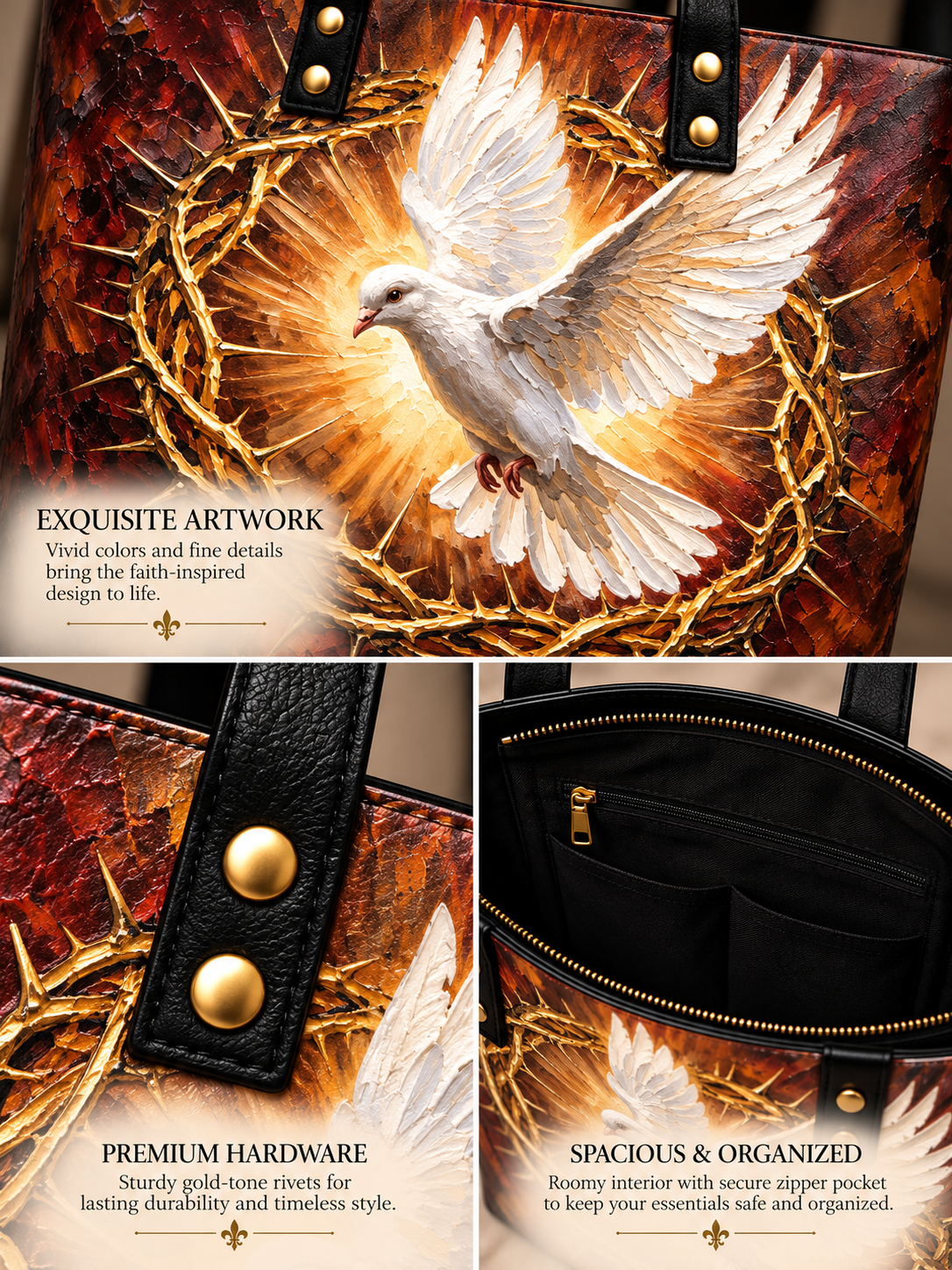 Three-panel product collage showing a decorative tote bag with an artistic print of a white dove surrounded by golden light and thorny wreath motifs. Text overlays highlight exquisite artwork, premium hardware, and spacious interior organization.