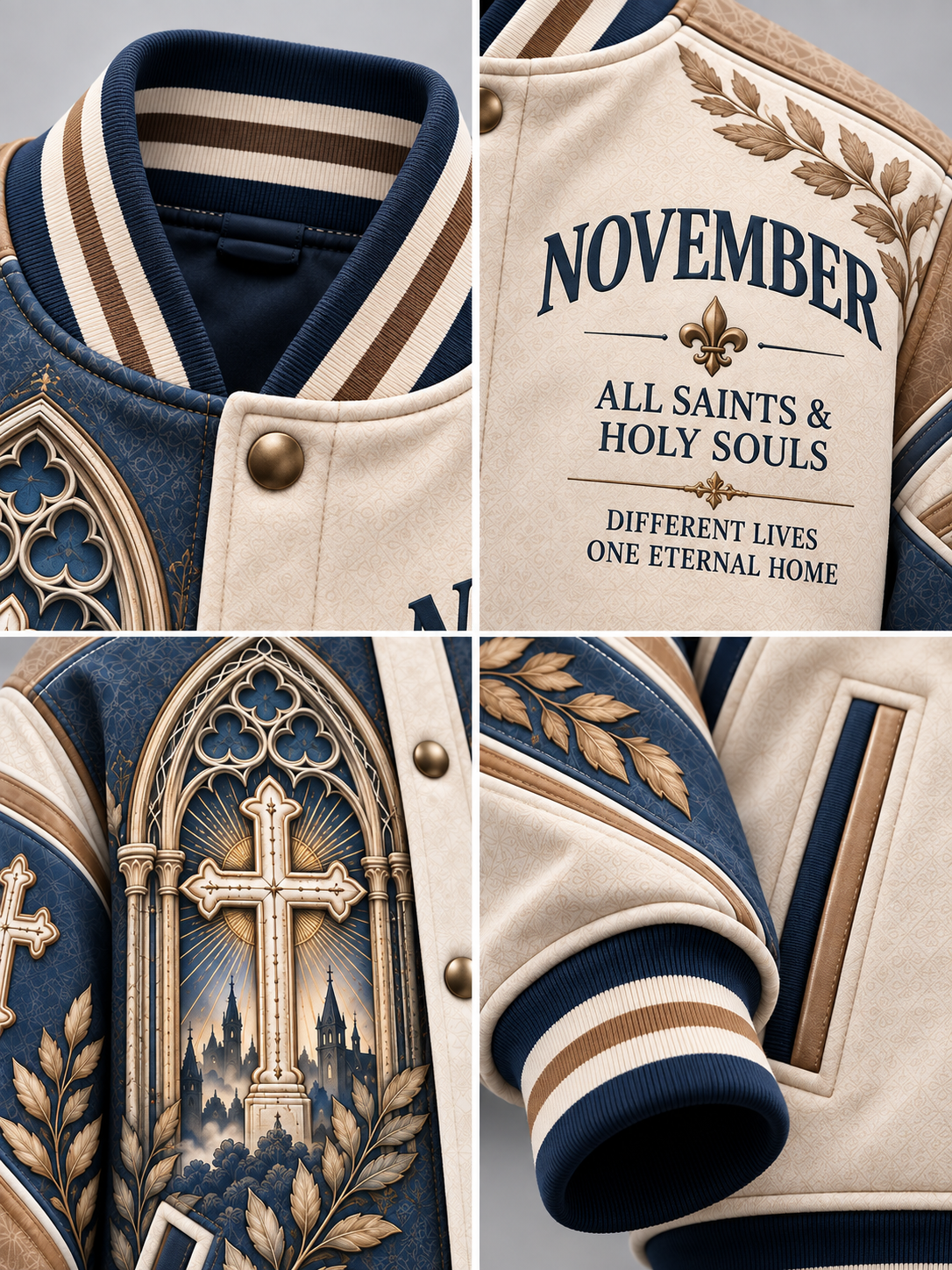A close-up collage of a varsity-style jacket showing the collar, back text reading 'November All Saints & Holy Souls Different Lives One Eternal Home,' ornate gold-toned embroidery, and a navy-and-cream body with striped ribbed trim.