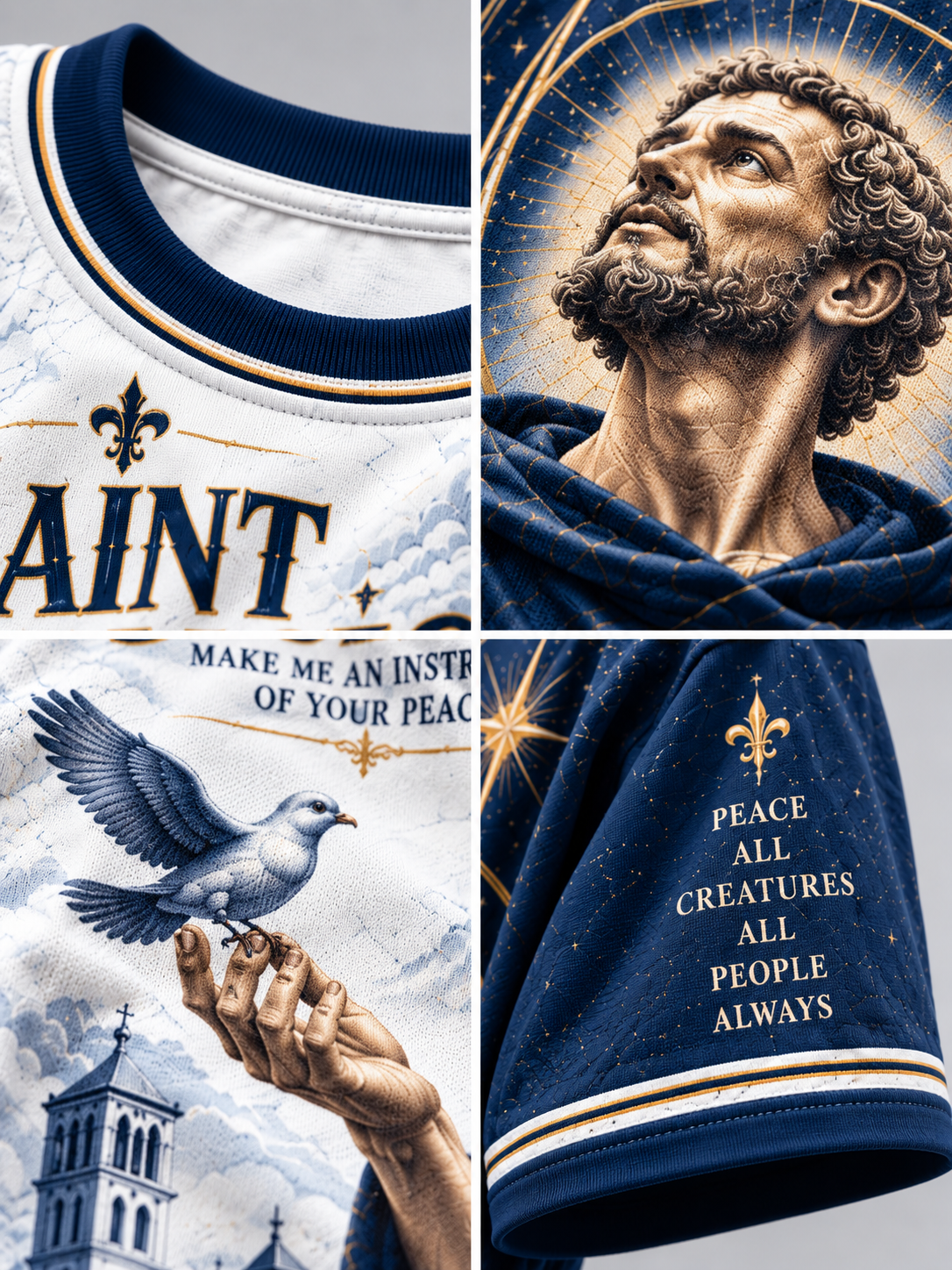 A four-panel collage showing details of a Saint Patrick themed apparel design, including a white shirt with navy trim and graphic text, a gold-toned statue portrait, a white shirt with a dove and tower illustration, and a navy hood with gold fleur-de-lis and text.