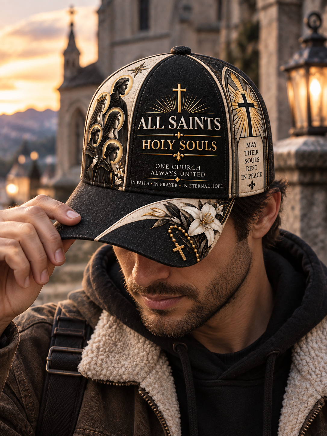 A black baseball cap with gold and beige religious graphics, featuring the text 'ALL SAINTS HOLY SOULS' on the front panel and a rosary with a cross on the brim, shown against a neutral gray background.