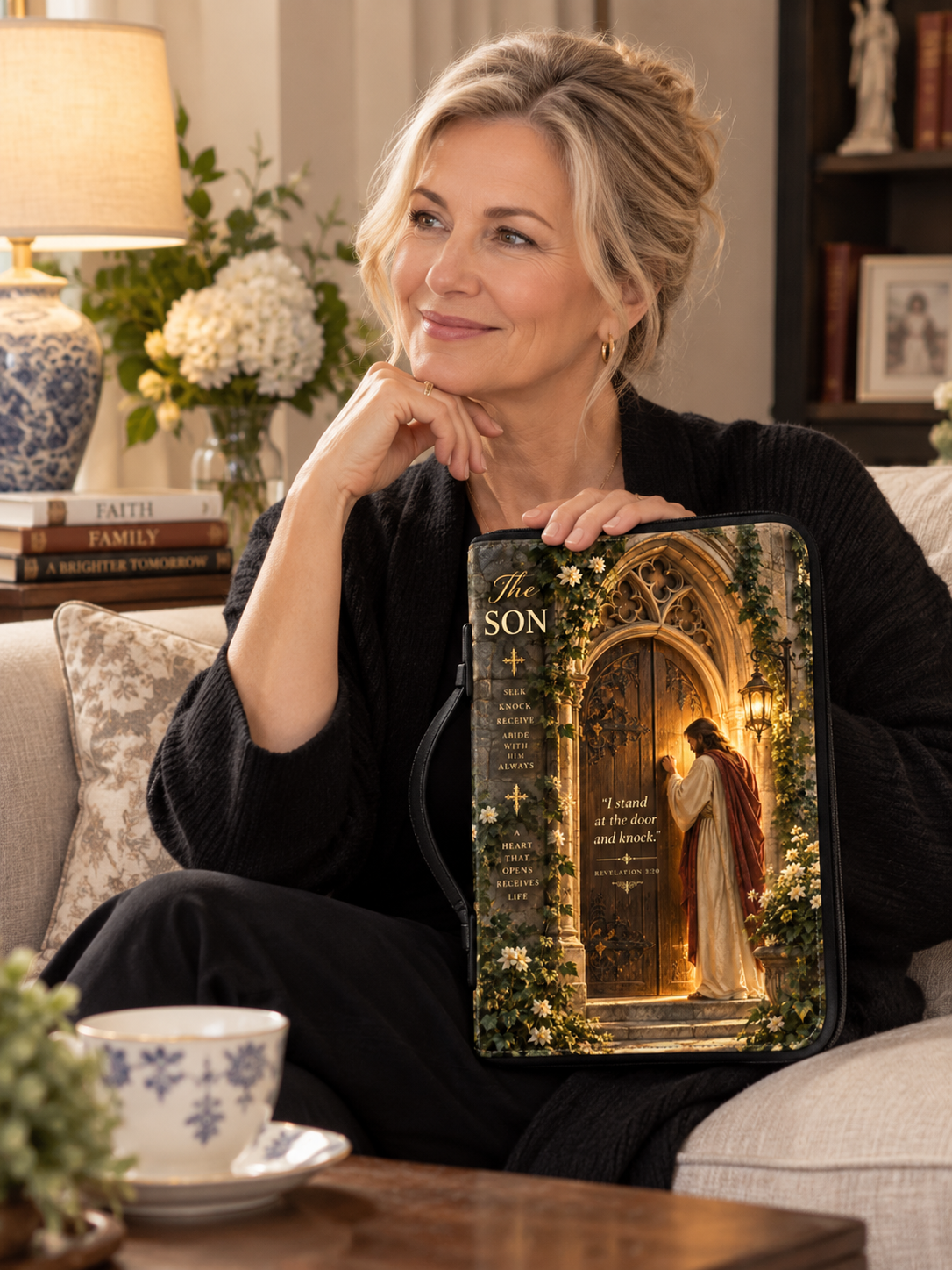 A woman in a black sweater sits on a couch in a cozy living room, holding a decorative book cover titled 'The Son' that features an illustration of Jesus at a wooden door surrounded by flowers.