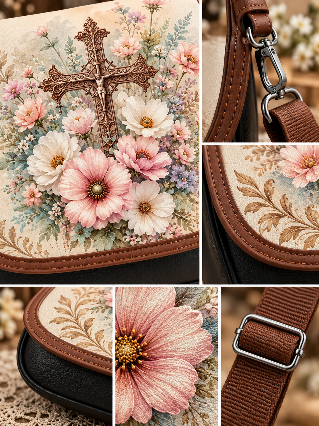 A collage showing a floral cross shoulder bag from multiple close-up angles. The bag features a cream background with a detailed illustration of pink, white, and purple flowers surrounding an ornate brown cross.