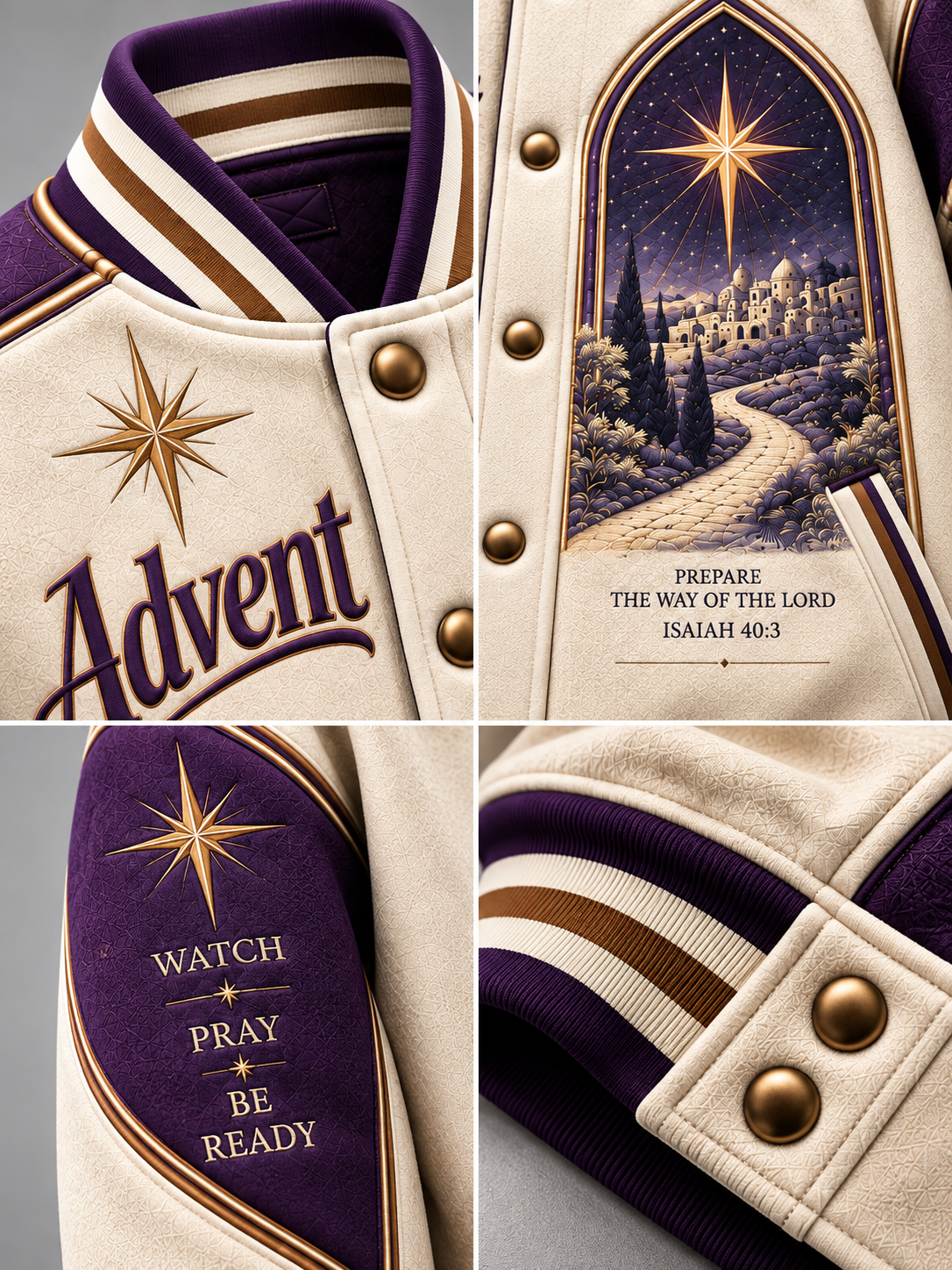 A close-up collage of a varsity-style jacket showing multiple details: cream and purple body panels, a purple ribbed collar with gold stripes, gold snap buttons, a large gold star motif, the word 'Advent' on the chest, and a printed holiday scene with the text 'Prepare the Way of the Lord Isaiah 40:3' on the front.
