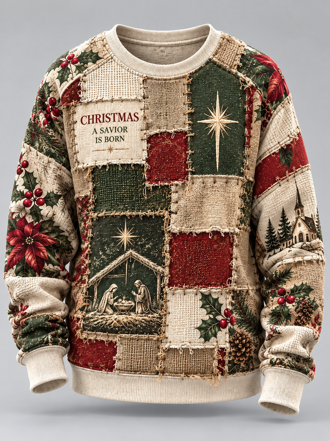A Christmas patchwork crewneck sweater with a rustic burlap-textured design, featuring a nativity scene, red holly, pinecones, and a patch reading 'CHRISTMAS A SAVIOR IS BORN'.
