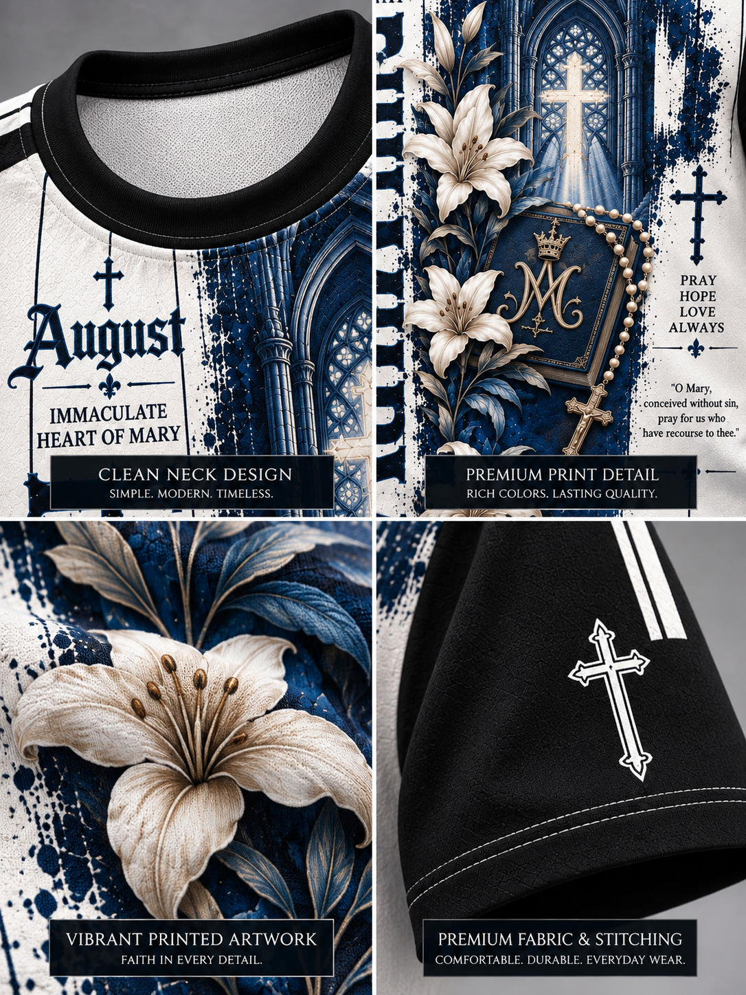 A four-panel product showcase of a black and blue gothic-style t-shirt. The top-left panel shows the clean black collar and white chest area with a blue gothic architectural print and the text 'August IMMACULATE HEART OF MARY'.