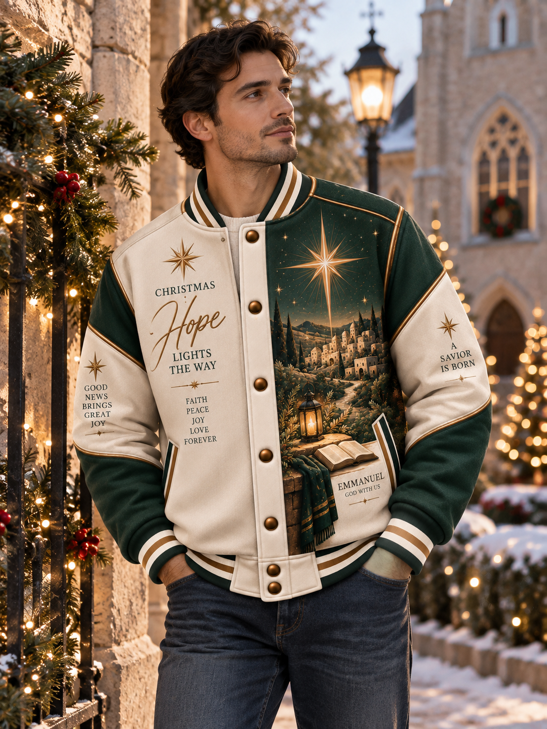 A Christmas-themed varsity jacket with cream and dark green panels, gold buttons, and printed holiday artwork including a starry night sky, a village scene, and inspirational text.