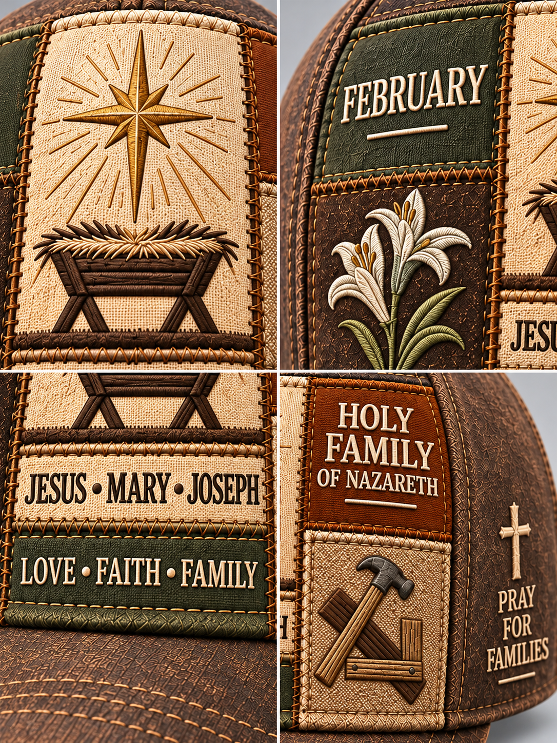 A close-up collage of a brown leather patchwork hat showing embroidered religious and family-themed details, including a nativity star, lily flower, 'FEBRUARY' text, 'JESUS • MARY • JOSEPH' text, 'HOLY FAMILY OF NAZARETH' text, and a hammer-and-wood cross motif.