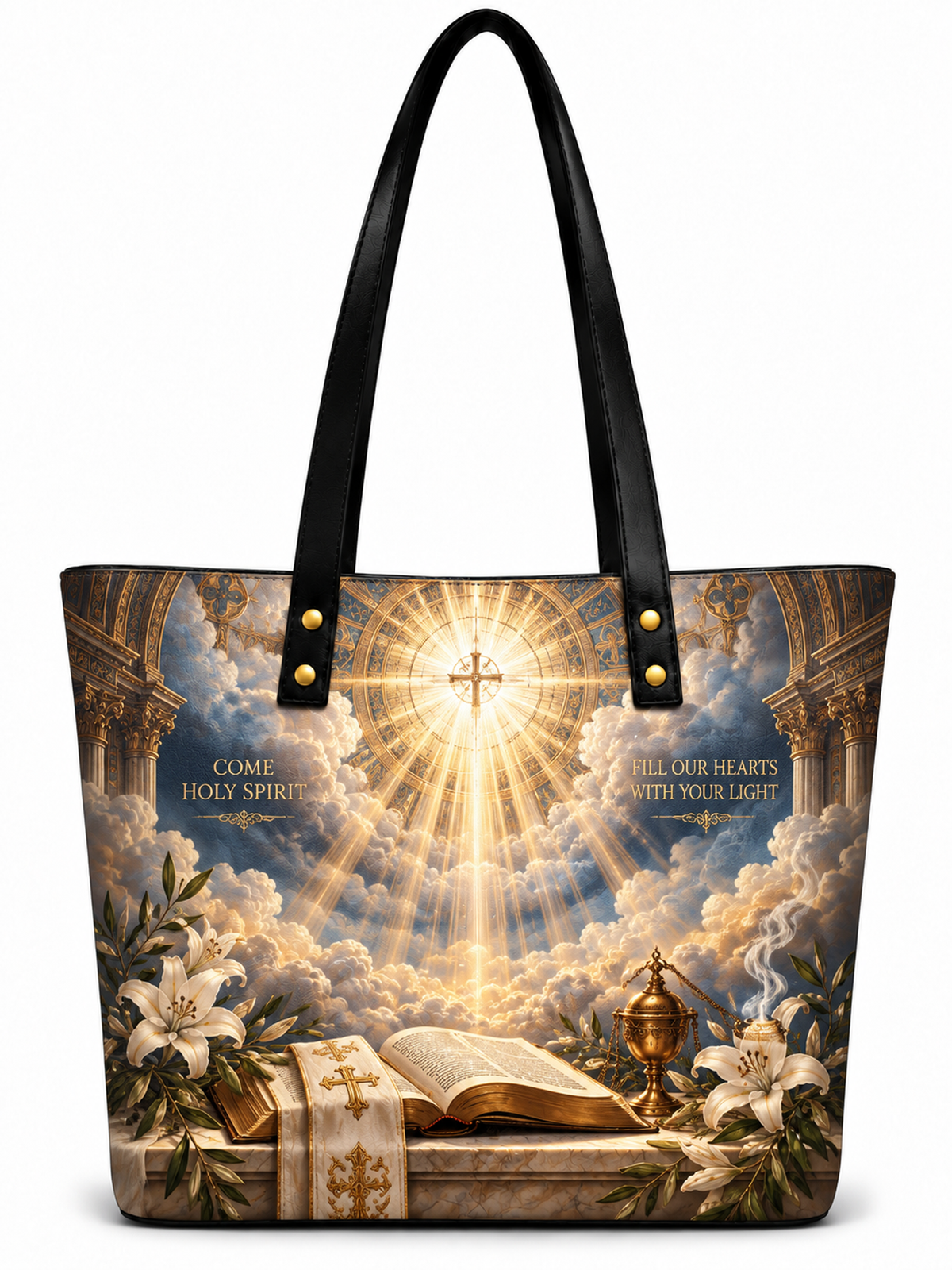 A large tote bag with black shoulder straps, featuring a detailed religious print of a radiant cross, clouds, lilies, an open Bible, and a chalice on the front, shown on a plain white background.