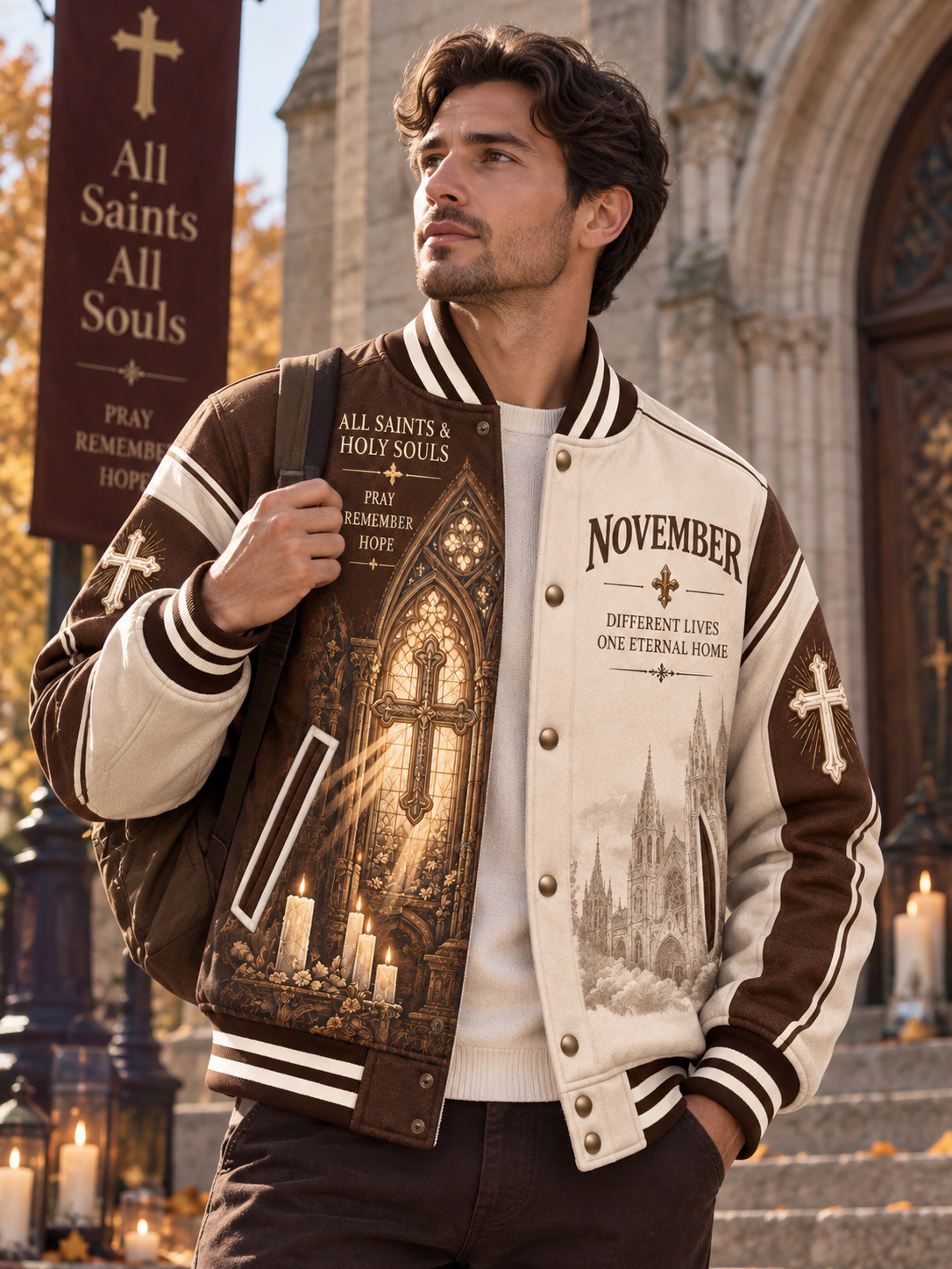 A man wearing a brown and cream varsity-style bomber jacket with a large printed gothic cathedral design on the front, standing in front of a church with candles and autumn trees in the background.