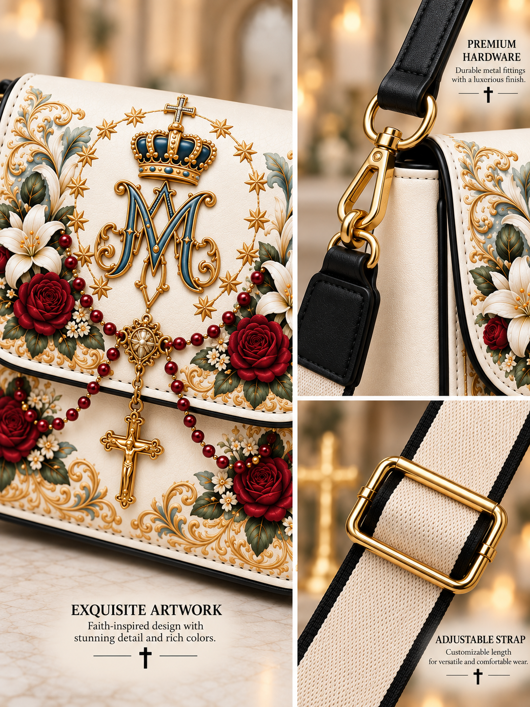 A collage showing a decorative handbag with an ornate cream and gold floral design, red roses, a gold monogram with crown, rosary cross, and black-and-gold strap details. Text callouts mention premium hardware and adjustable strap.