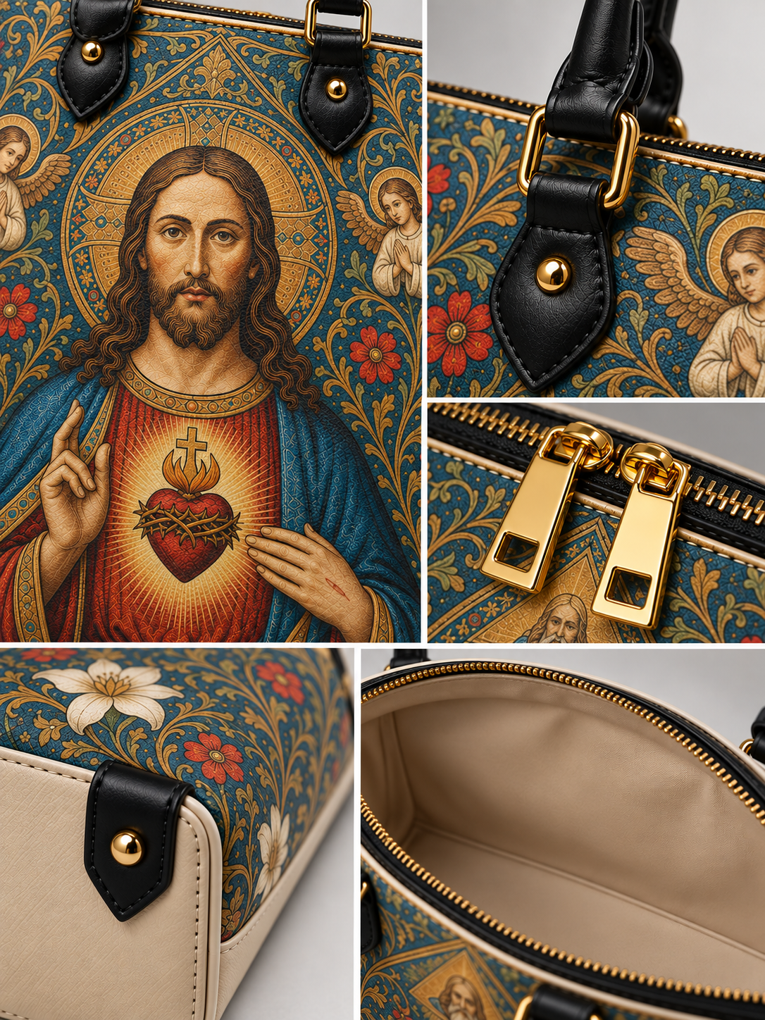 A collage showing a handbag from multiple angles: a large front view with a religious artwork print, close-ups of black leather handles and gold hardware, a side detail with floral and angel motifs, and an interior view. The bag has a multicolor printed design with blue, gold, red, beige, and black elements.