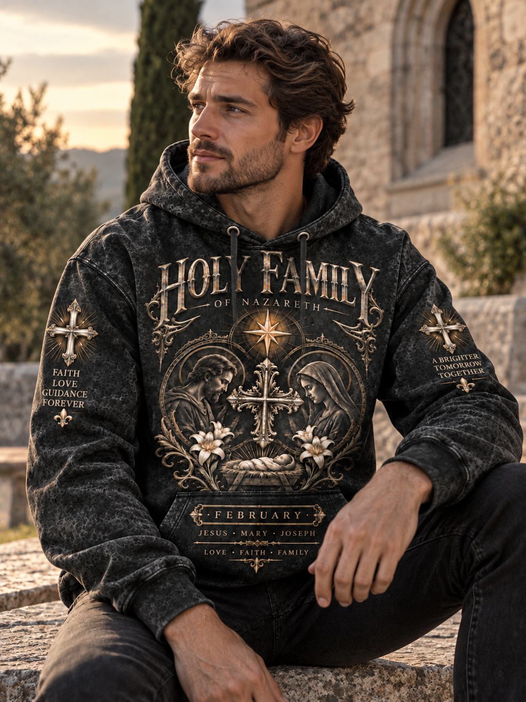 A dark gray acid-wash pullover hoodie featuring a detailed gothic-style graphic print on the front with 'Holy Family of Nazareth' text, a central cross, Mary, Joseph, and baby Jesus, floral accents, and scripture text on the sleeves and pocket.