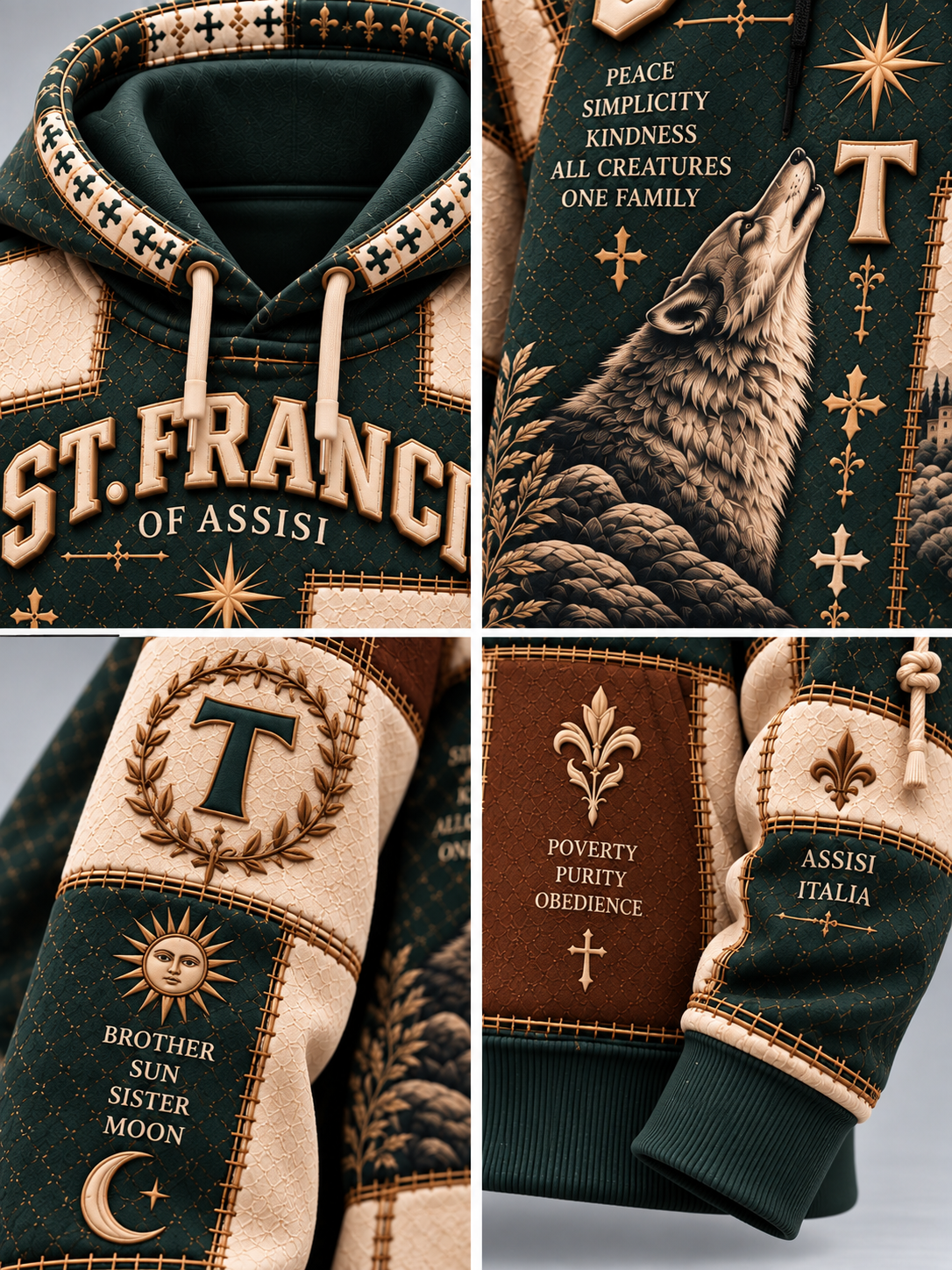 A four-panel close-up collage of a hooded sweatshirt showing detailed front and sleeve graphics. The hoodie features dark forest green and warm beige panels with embroidered-style motifs, including a wolf illustration, fleur-de-lis, crescent moon, and text such as 'ST.