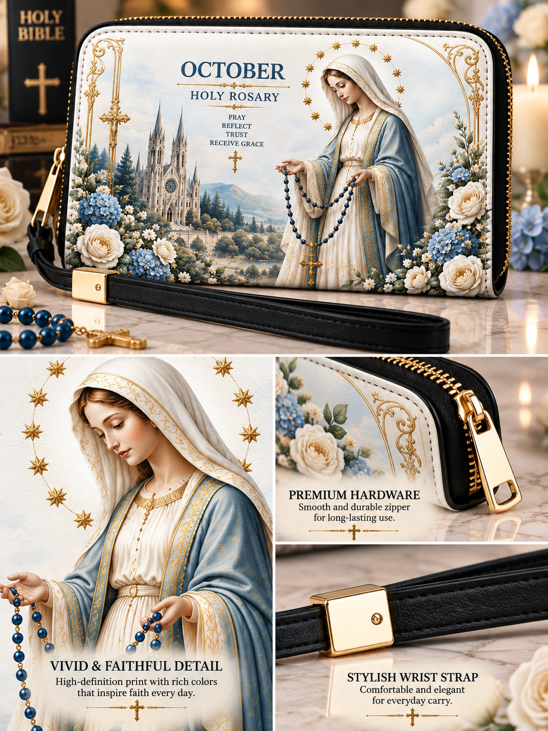 A decorative zip-around wristlet clutch shown in a collage layout. The main panel shows the front with a large printed Holy Rosary religious illustration, the text 'OCTOBER HOLY ROSARY,' gold hardware, and a black wrist strap.