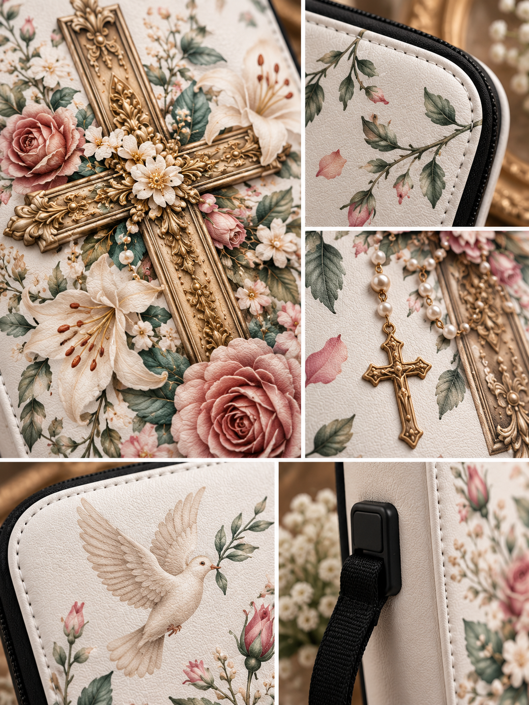 A collage of close-up views of a decorative cross-shaped bag or clutch with a floral print, ornate gold cross embellishment, rosary bead detail, white dove illustration, and black zipper/strap hardware.