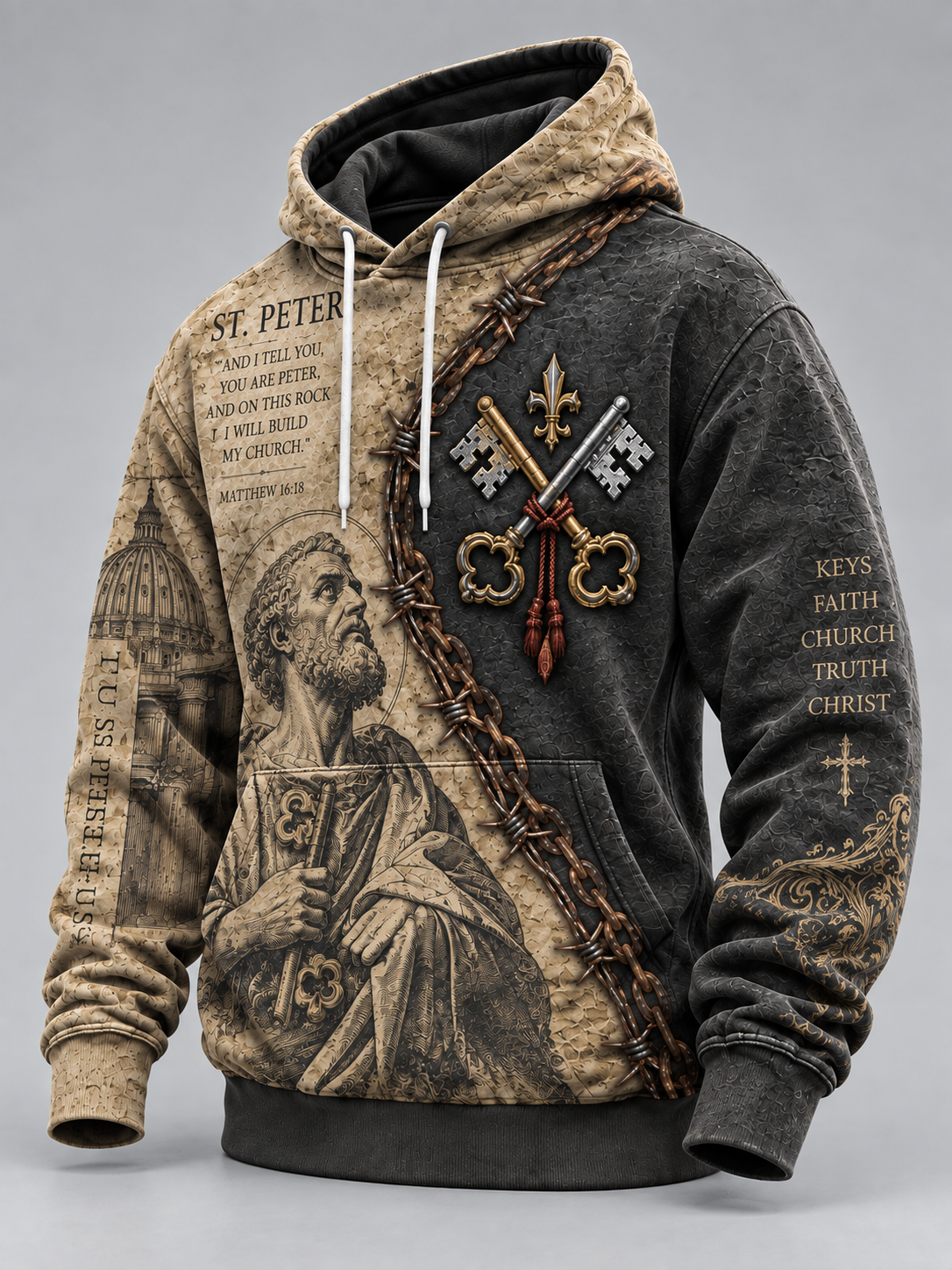 A pullover hoodie with a distressed two-tone design, featuring a sepia-toned graphic of Saint Peter on one side and a dark charcoal side with a large key motif and religious text.