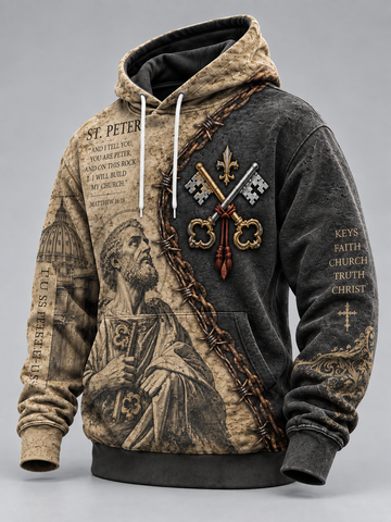 A pullover hoodie with a distressed two-tone design, featuring a sepia-toned graphic of Saint Peter on one side and a dark charcoal side with a large key motif and religious text.