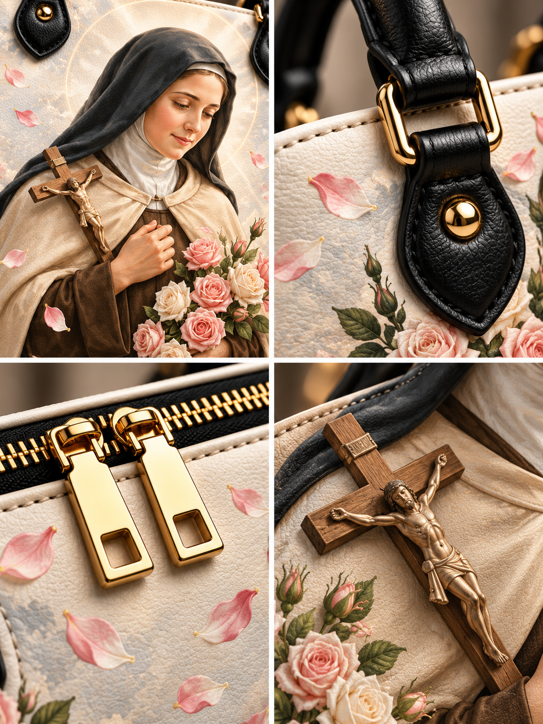 A four-panel close-up collage of a handbag. The bag has a cream-colored floral print with pink roses and green leaves, black leather trim, gold-tone hardware including zippers and a buckle, and religious motifs such as a crucifix and a depiction of Saint Mary holding a rose bouquet.