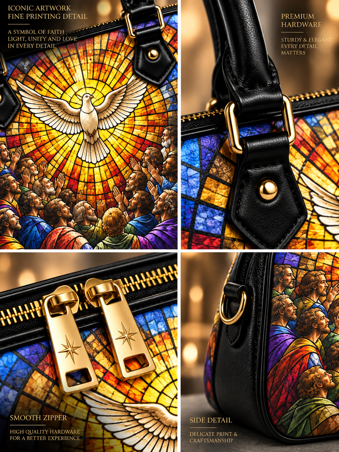 A luxury black leather handbag with a detailed stained-glass-style religious print showing an angel and a dove, presented in a four-panel collage highlighting the front artwork, hardware, zipper, and side detail.
