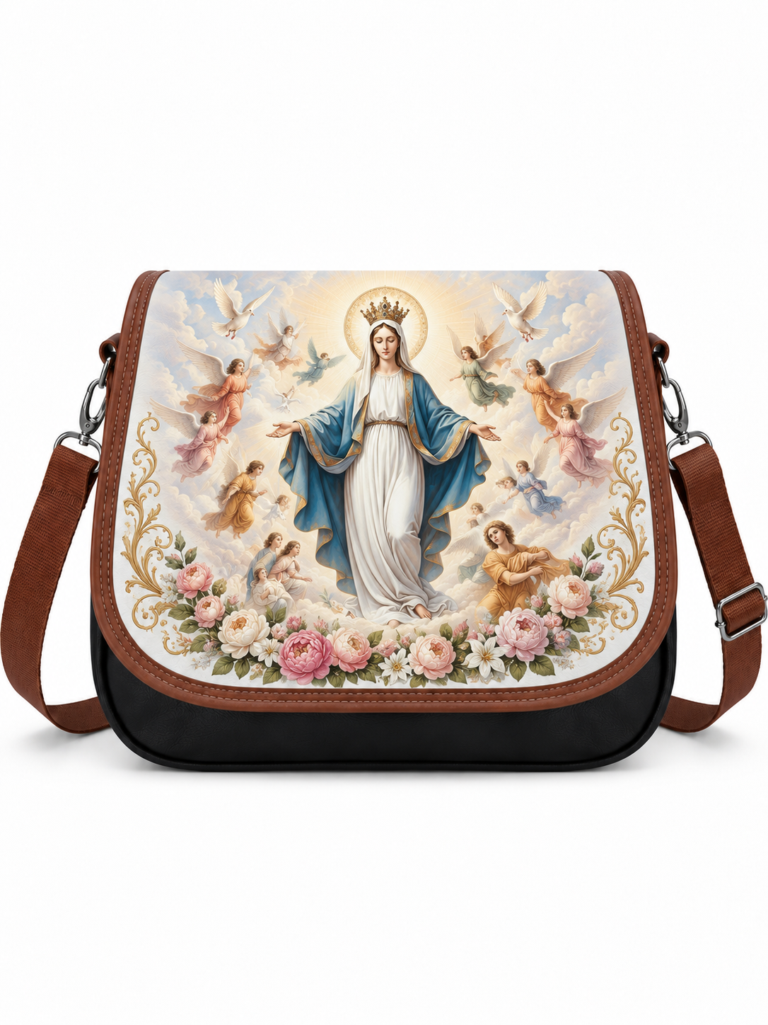 A messenger bag featuring a detailed religious print of the Virgin Mary surrounded by angels and flowers on the front flap, with brown faux-leather trim and a brown shoulder strap.