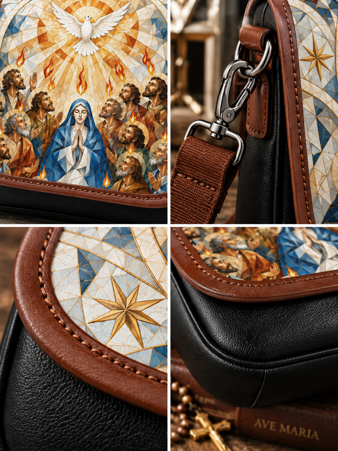 A close-up collage showing a black leather crossbody bag with brown trim and a religious printed flap featuring a saint, a dove, and geometric star motifs. The collage includes a full view of the printed flap, hardware details, a close-up of the flap edge, and a styled detail with beads and a book.