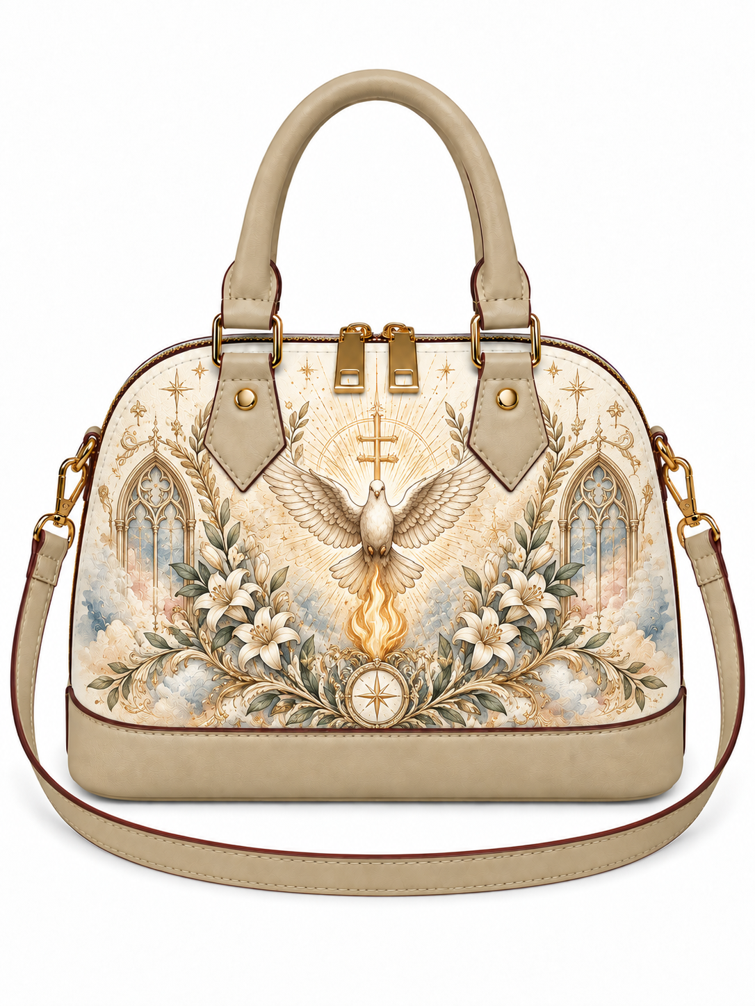 A beige dome-shaped handbag with a detailed religious tapestry-style print featuring an angel, floral motifs, and gothic arches, shown on a plain white background.