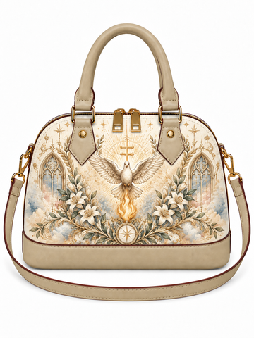 A beige dome-shaped handbag with a detailed religious tapestry-style print featuring an angel, floral motifs, and gothic arches, shown on a plain white background.