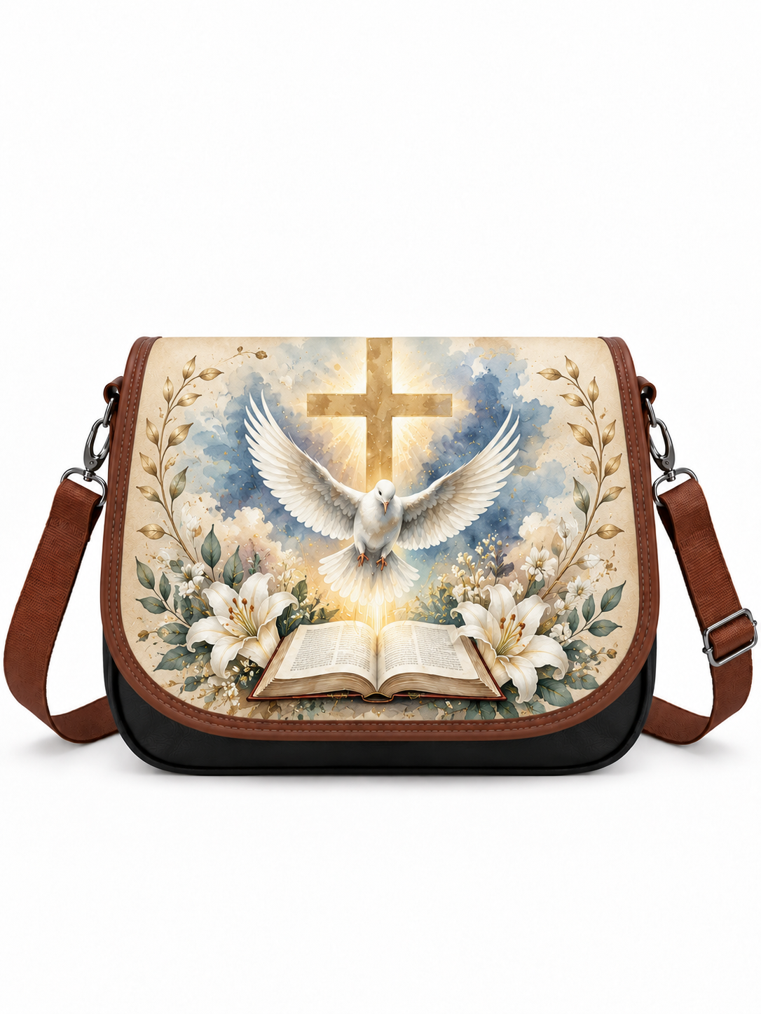 A messenger-style shoulder bag with a brown leather strap and trim, featuring a large printed religious design on the front flap. The artwork shows a white dove flying in front of a gold cross, with an open Bible and white flowers below, set against a cream sky background.