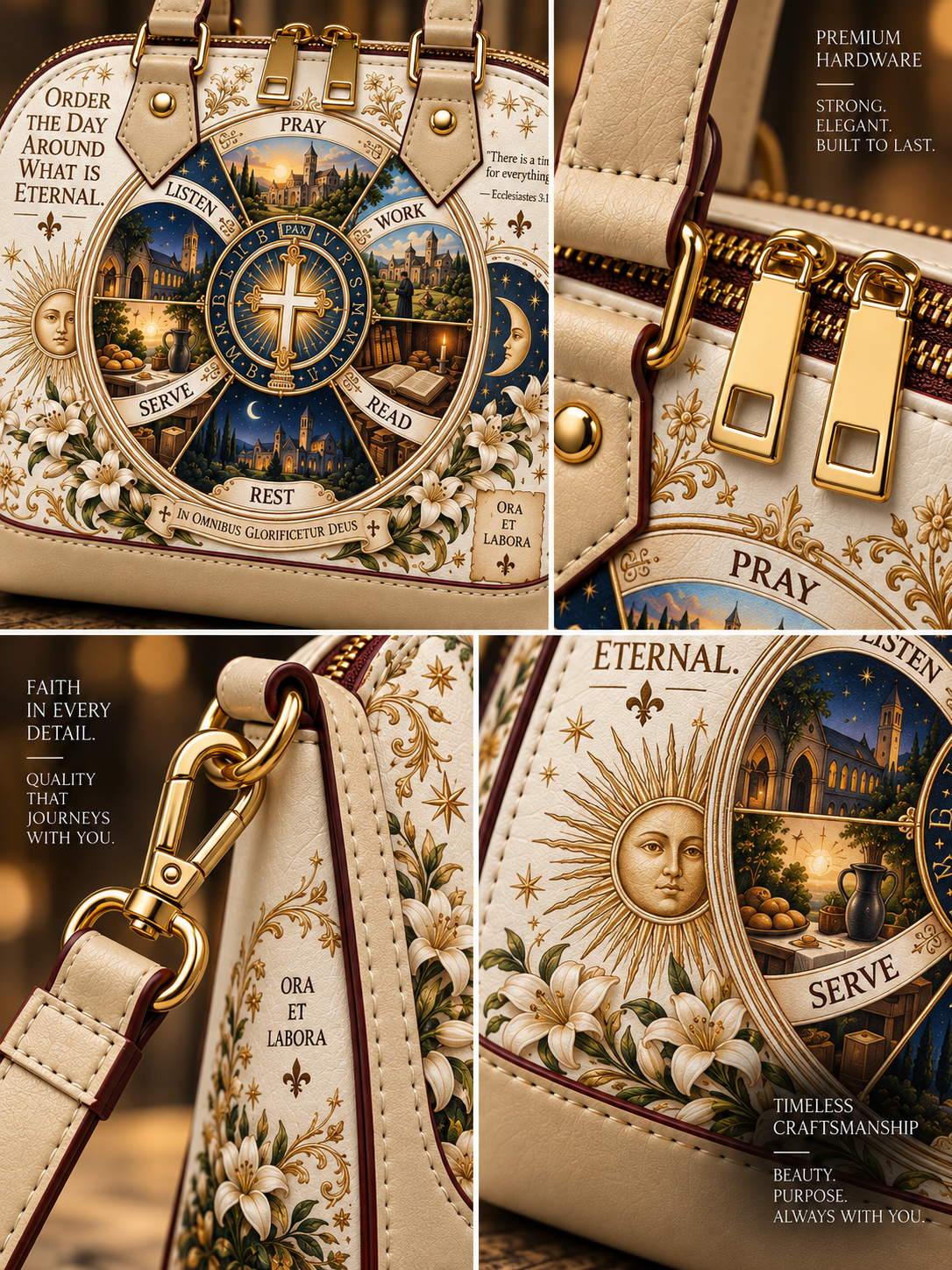 A close-up collage of a decorative handbag showing multiple detail views of its printed design, including a circular religious motif with a cross, floral patterns, gold-tone hardware, and cream leather trim.