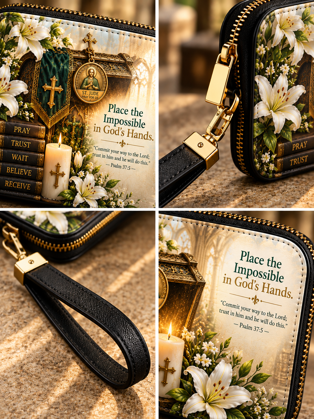 A collage showing a religious zip pouch/wallet in four panels. The pouch has a black leather wrist strap, gold-tone zipper and hardware, and a printed front design featuring white lilies, a candle, a Bible, and the text 'Place the Impossible in God's Hands' with scripture references.