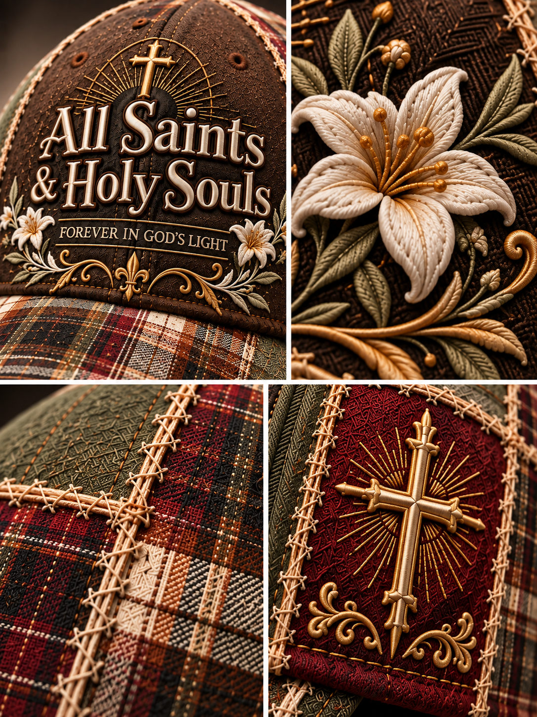 A four-panel close-up collage of a decorative embroidered and stitched textile product, likely a hat or cap, showing a brown plaid section, a cream lily motif with gold embroidery, a red plaid section, and a red embroidered patch with a gold cross and rays.