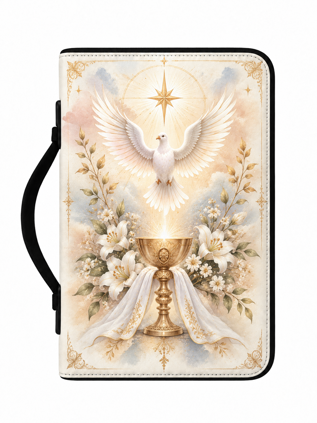 A folio-style phone case with a black handle, featuring a detailed religious illustration of a white dove with outstretched wings above a gold chalice, surrounded by white flowers and soft pastel clouds.