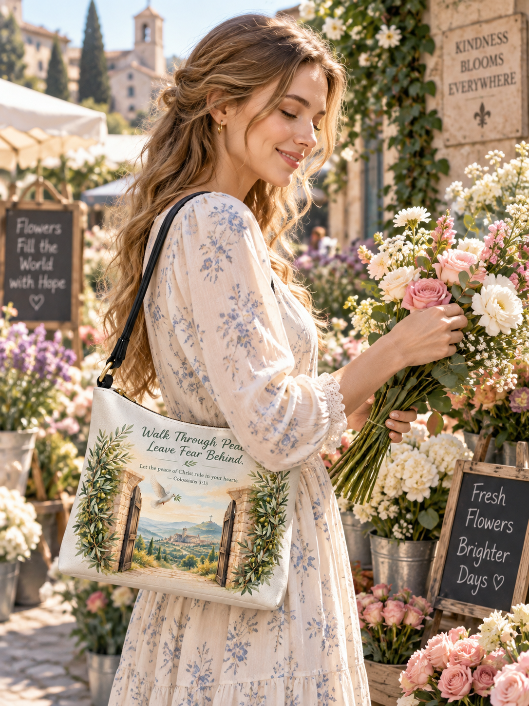 A woman in a cream floral dress stands in a flower market holding a bouquet of pink and white flowers, wearing a cream canvas shoulder bag with a scenic landscape print and the text 'With Through Pain Leave Fear Behind Co.'.