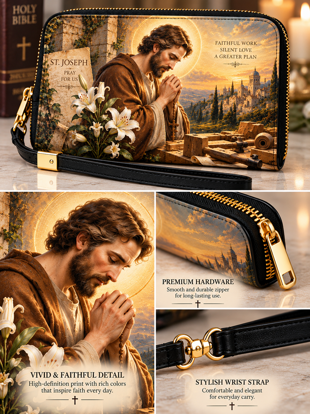 A zip-around wristlet clutch with a printed religious scene of Saint Joseph praying, shown in a three-panel collage with close-up details and text callouts about the print, hardware, and wrist strap.