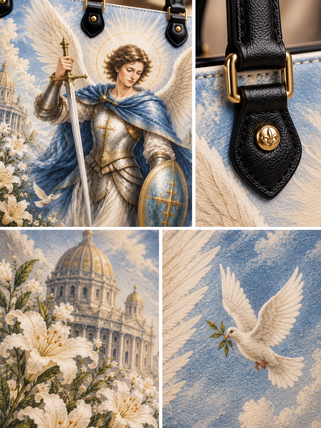 A close-up collage of a handbag featuring a printed religious illustration of a winged saint holding a sword and shield, a blue and cream patterned body, black leather strap with gold hardware, and a white dove carrying an olive branch against a blue sky.