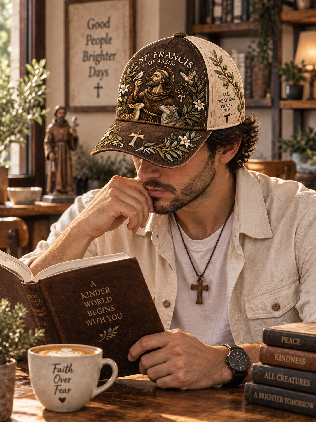 A man in a rustic cafe setting wearing a detailed St. Francis of Assisi trucker hat while reading a book.
