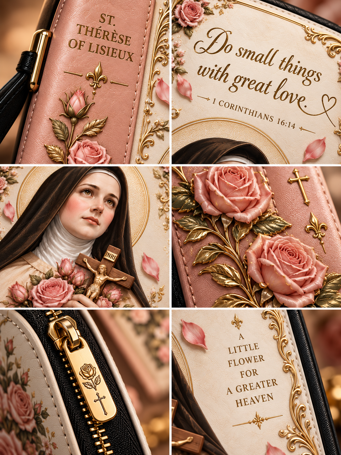 A collage of six close-up views showing a pink and cream religious phone case or wallet cover with embossed floral rose details, gold trim, a black-and-gold zipper, a rosary cross, and inspirational text including 'St. Thérèse of Lisieux,' 'Do small things with great love,' and 'A little flower for a greater heaven.