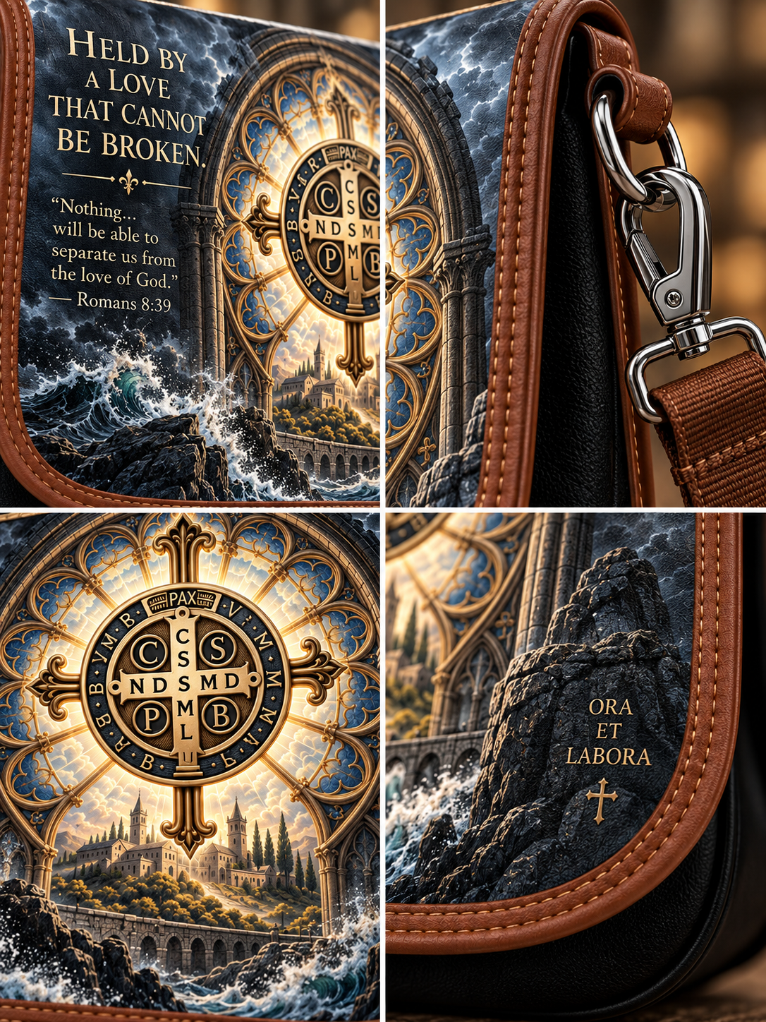 A four-panel close-up collage of a black leather shoulder bag with brown trim and a detailed religious art print. The print features a golden cross, a circular monogram, a cathedral, stormy blue-gray waves, and scripture text including 'Held by a love that cannot be broken' and 'Ora et Labora'.