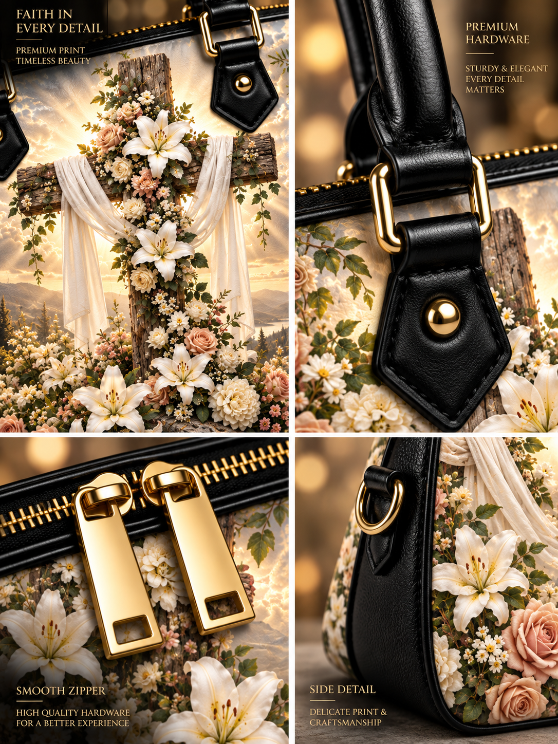 A four-panel collage showing a floral and scenic printed handbag with close-up details. The bag has black leather trim, large gold zipper pulls, and a print featuring white lilies, pink roses, a wooden cross draped with white fabric, and a warm golden landscape.