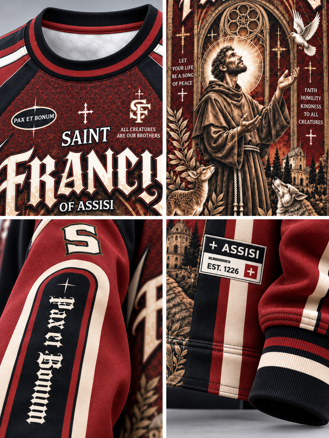 A four-panel collage showing details of a Saint Francis of Assisi themed track jacket. The top-left panel shows the chest with 'SAINT FRANCIS OF ASSISI' and 'PAX ET BONUM' text.