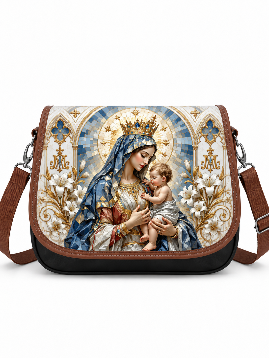A messenger-style shoulder bag with a brown leather-look strap and trim, featuring a large printed religious artwork on the front showing the Virgin Mary holding a child within an ornate blue, gold, and white architectural design. The bag is photographed against a plain white background.
