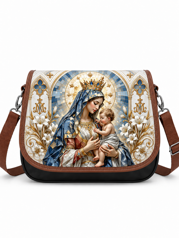 A messenger-style shoulder bag with a brown leather-look strap and trim, featuring a large printed religious artwork on the front showing the Virgin Mary holding a child within an ornate blue, gold, and white architectural design. The bag is photographed against a plain white background.