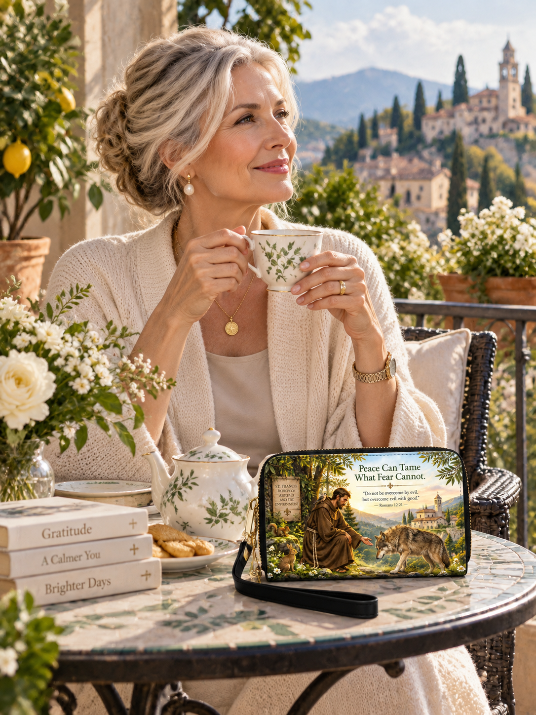 A woman in a cream cardigan sits at an outdoor table holding a teacup, with a matching printed pouch and teapot beside her. The pouch features a scenic illustration with the text 'Peace Can Taste Like Fog and Cactus.